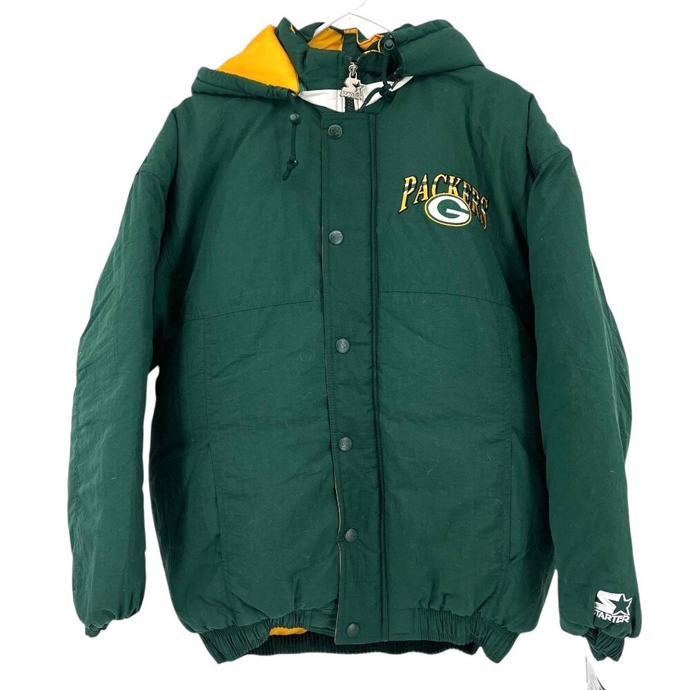 NEW Green Bay Packers NFL Starter Jacket Coat Green Yellow Hooded Pockets Men M